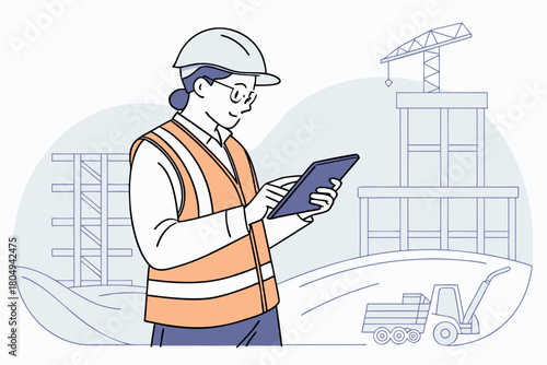 Construction worker with tablet overseeing a building site