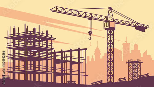 Construction site with crane and building silhouette in the city