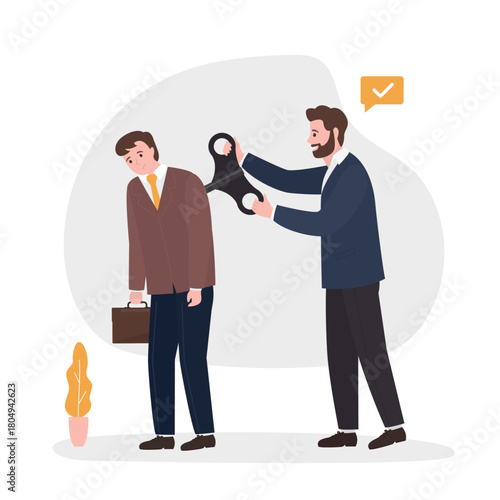 Tired employee recharge, force or wind-up key to stimulate or motivate tired people. Boss or colleague turning wind key or winding clock to motivate businessman office worker