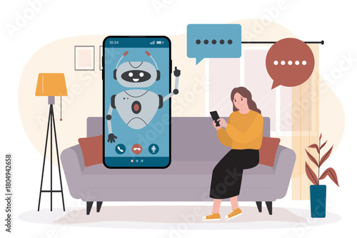 Woman user with mobile phone for consultations while sitting on couch at home. Artificial intelligence technology. Online chat, searching answers.