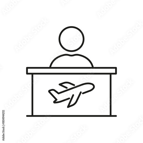 Airport Check-In Counter Line Icon. Airline Service, Passenger Assistance, And Flight Information Outline Symbol. Travel And Tourism. Editable Stroke. Isolated Vector Illustration