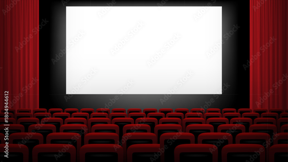 Fototapeta premium Cinema or theater chair screen background with rows of red velvet seats facing large blank display with dark hall and curtains creating classic movie atmosphere. Realistic vector illustration