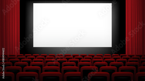 Cinema or theater chair screen background with rows of red velvet seats facing large blank display with dark hall and curtains creating classic movie atmosphere. Realistic vector illustration