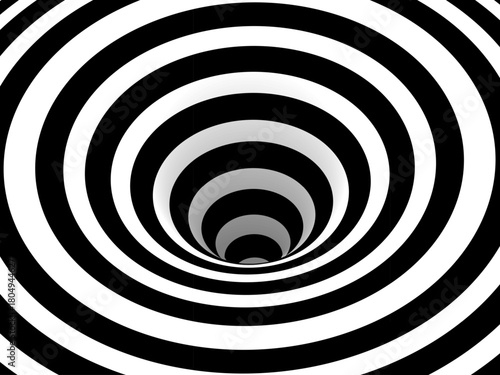Spiral black and white optical background. Tunnel pattern with strong vortex effect. Concentric curved lines form dynamic hypnotic motion. Abstract vector illustration