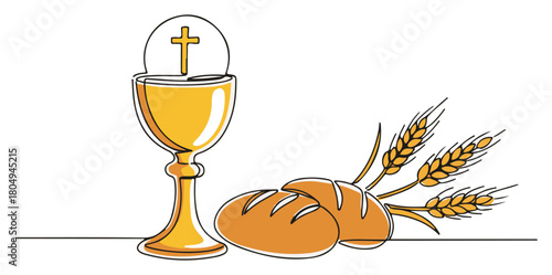 Continuous one line drawing of Holy Communion symbols with chalice bread and wheat