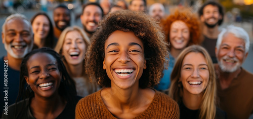 Crowd of cheerful diverse people smiling together outdoors with happy facial expressions in sunlight