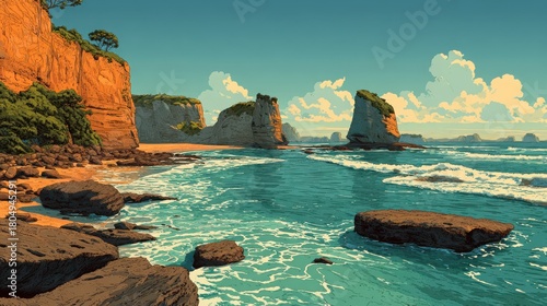 Serene coastal landscape with cliffs, blue ocean, and clouds