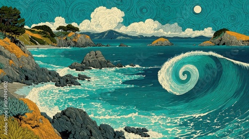 Dramatic ocean waves crashing against rocky coastline under swirling sky