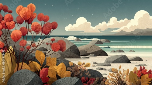 Scenic coastal landscape with vibrant foliage and rocky shoreline
