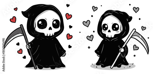Cute cartoon Grim Reaper character set with scythe and love hearts