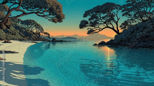 Tranquil sunset over serene beach with lush trees and calm waters