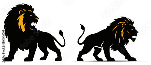 Black lion with golden mane vector logo mascot set for sport teams