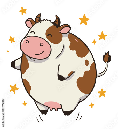 Chubby cow dancing with stars – cute dairy farm animal cartoon vector illustration