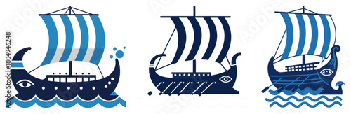 Set of ancient Greek ship or Roman galley vector icons for a logo