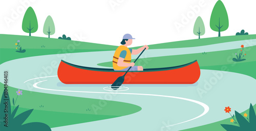 Person rowing canoe on river surrounded by trees plants in the park vector illustration style graphic element