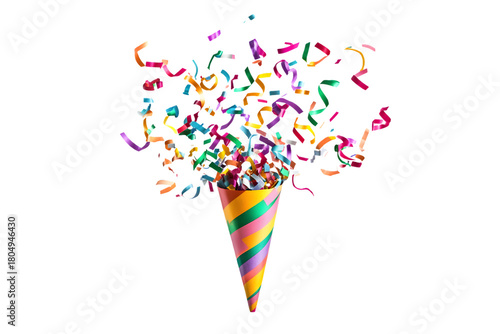 A Burst of Joy Festive Celebration with Colorful Confetti Exploding from a Striped Party Cone on a Transparent Backdrop