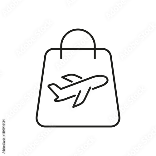 Shopping Bag With Airplane Line Icon. Travel Retail, Duty-Free Shopping, And Tourism Merchandise Outline Symbol. Airport Purchases. Editable Stroke. Isolated Vector Illustration