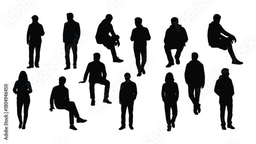 Diverse human silhouettes in various poses isolated on white background, Vector