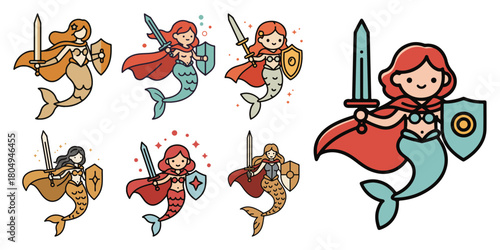 Set of cute warrior mermaids with sword and shield – chibi fantasy ocean princess characters