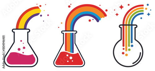 Set of creative science flasks with rainbows vector icon collection