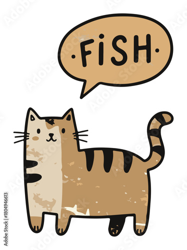 Funny cartoon cat thinking about fish vector doodle illustration