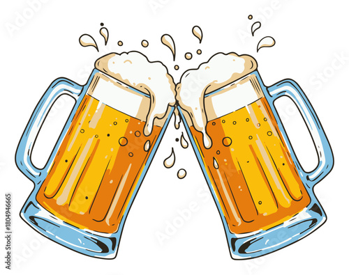 Clinking beer mugs with foam splash – celebration toast vector illustration