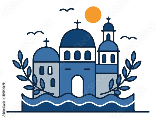 Greek island church with blue domes olive branches and sea waves – mediterranean landmark vector illustration