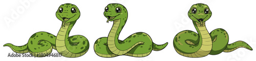 Cute green snake characters set coiled and smiling – kawaii reptile cartoon vector illustration