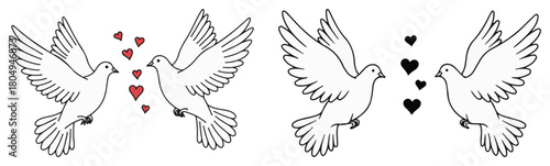 Pair of doves with hearts in flight – love birds wedding line art vector
