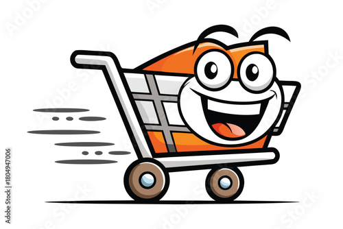 Happy cartoon shopping cart speeding with cheerful expression illustration