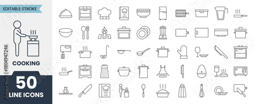 Cooking line icons set with editable stroke. Containing utensils, fork, microwave, knife, recipe book, stove, pan and more. Vector illustration