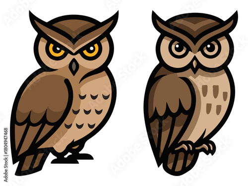 Two owls sitting cute brown bird mascots – forest wildlife vector illustration