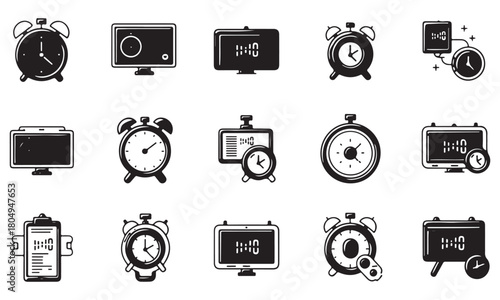 Collection of various alarm clock and timer icons in black and white.