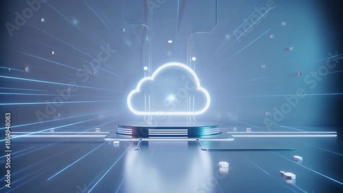 Wallpaper Mural Neon cloud icon floating above a futuristic stage platform with soft glowing lights and minimal digital elements, representing modern cloud technology and connectivity. Torontodigital.ca