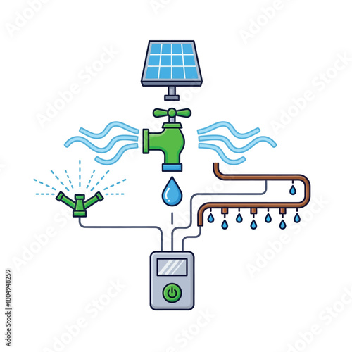 Sustainable Energy Icon Collection showcasing a solar-powered irrigation system with sprinklers and drip lines