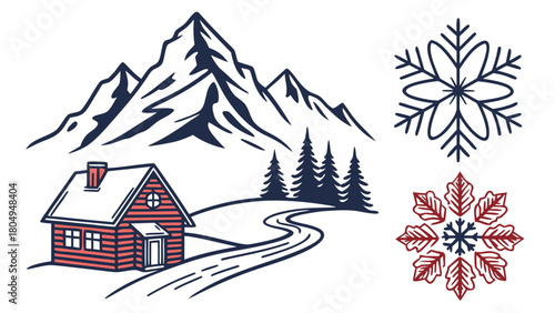 “Mountain icons: peak, trail, cabin, snowflake, alpine vector set”