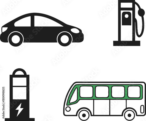 Icons of vehicles and fuel stations symbol automobile