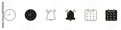 Clock, Bell, And Calendar Line And Solid Icon Set. Time Management, Reminder Notifications, And Scheduling Outline And Silhouette Symbol. Efficient Planning Tools. Isolated Vector Illustration