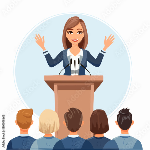 A female leader gives a keynote speech at an international summit, inspiring a large audience with her vision.