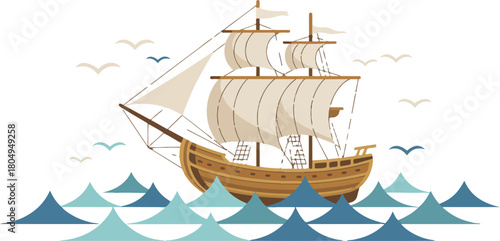 Sailing Ship on Sea Vintage Vessel with Sails in Water Nautical Adventure and Exploration Historical Transportation Vector Artwork