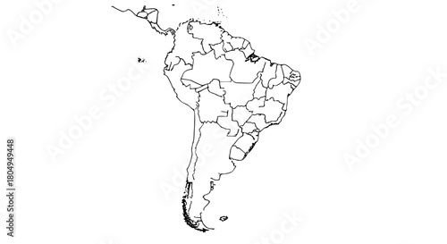 Vector illustration in black and white of South America map with each country clearly separated by thick borders; didactic, minimal, clean linework, isolated