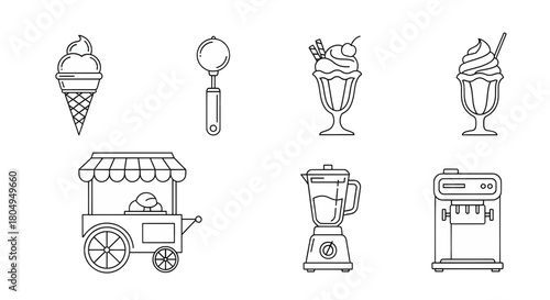 Essential line art icons for ice cream businesses and frozen dessert shops, including scoops, cones, and machines