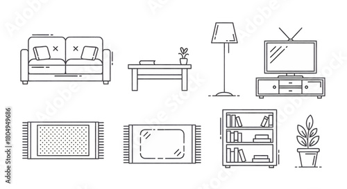 Minimalist Living Room Furniture Icons Sofa, TV, Bookcase, Lamp & Carpets