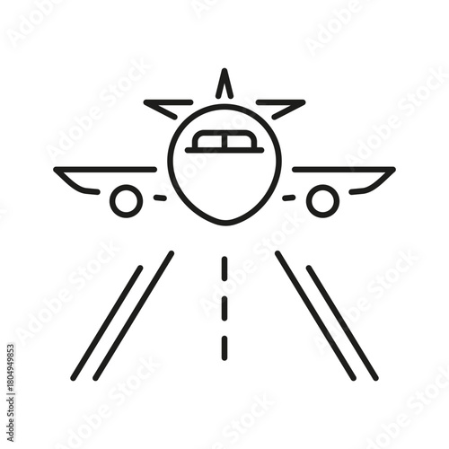 Airplane Landing On Runway Line Icon. Aviation Safety And Airport Navigation Outline Symbol. Flight Arrival And Travel Concept. Editable Stroke. Isolated Vector Illustration