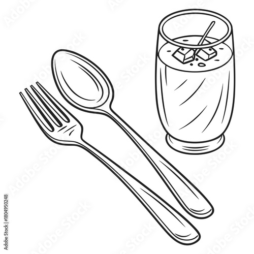 Illustration of a glass of drink with ice, spoon and fork isolated on