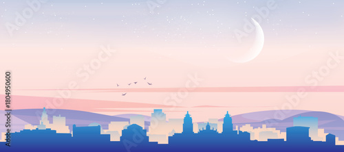 Panoramic poster of the city skyline with misty background buildings, hills sunrise, sunset and clouds of MEXICO CITY, MEXICO