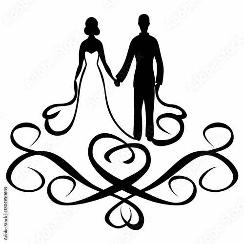 Silhouette of a bride and groom holding hands isolated on