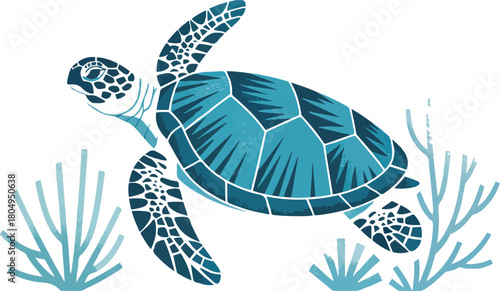 Sea Turtle in the Ocean with Coral Reefs Vector Illustration Underwater Scene with Marine Animal and Plants