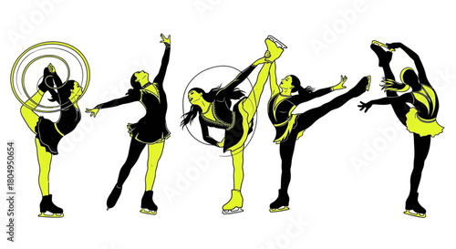 Elegant figure skaters performing graceful poses, perfect for showcasing athleticism, teamwork, or the beauty of ice skating routines and competitions