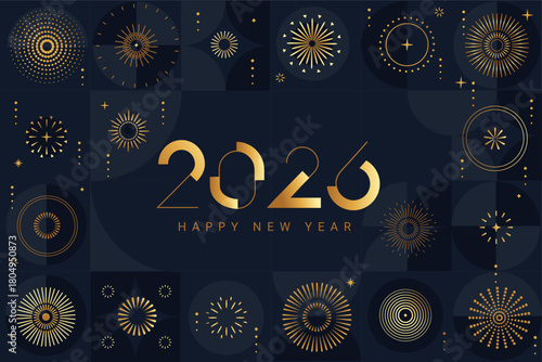 Elegant banner for 2026 New Year with golden numbers and golden fireworks on dark blue background with geometric pattern. Template for design, poster, flyer, web, invitations, congratulations. Vector